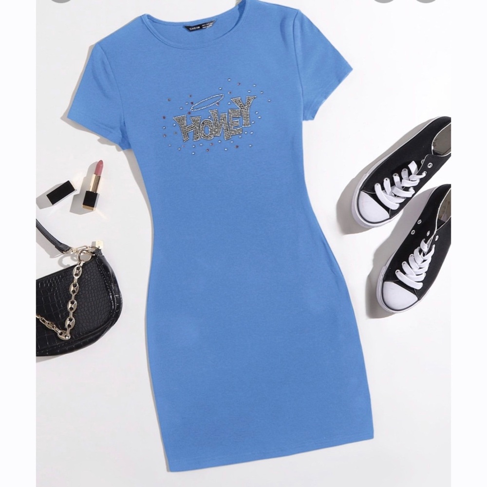 BLUE “Honey” Rhinestone Letter Bodycon Dress